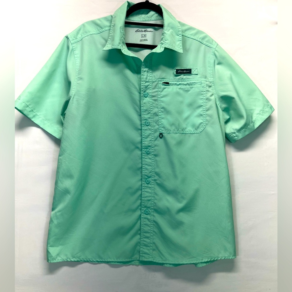 Eddie Bauer Mens Button Down Shirt Short Sleeve Outdoor Fish Hunt Mint Green L